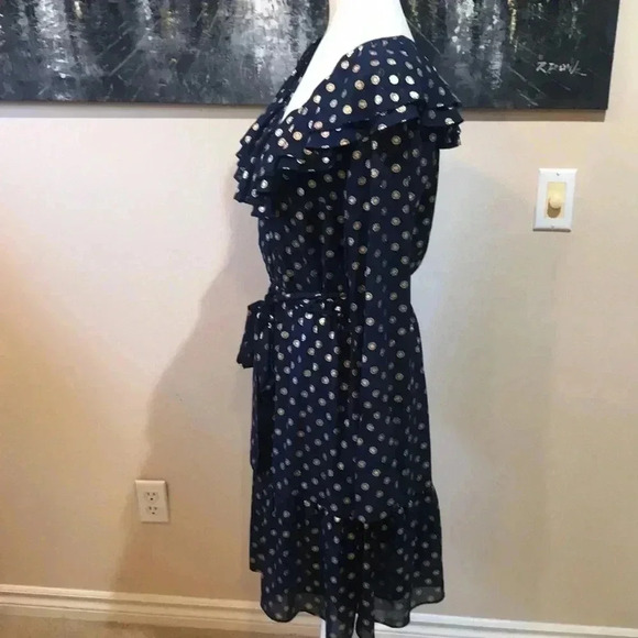 NWT Michael Kors Navy Blue/ Gold Floral Pattern Belted Tie Waist Ruffle Dress-M - Picture 4 of 12